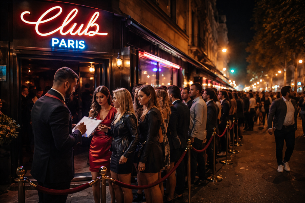 File d'attente devant un club parisien la nuit