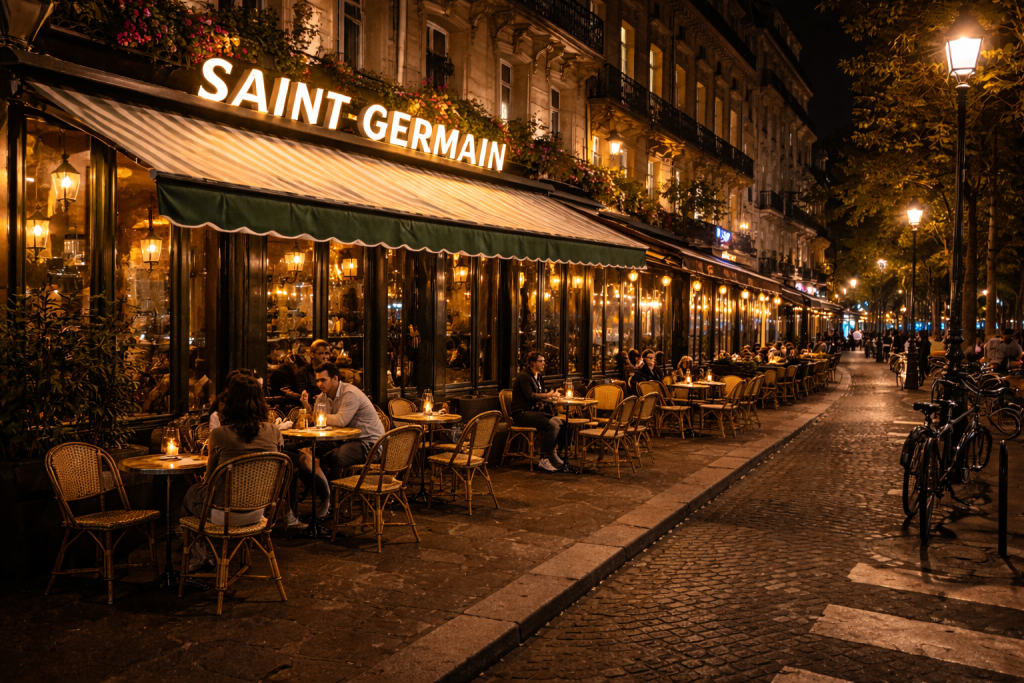 Terrasse du Café de Flore à Saint-Germain-des-Prés Paris la nuit